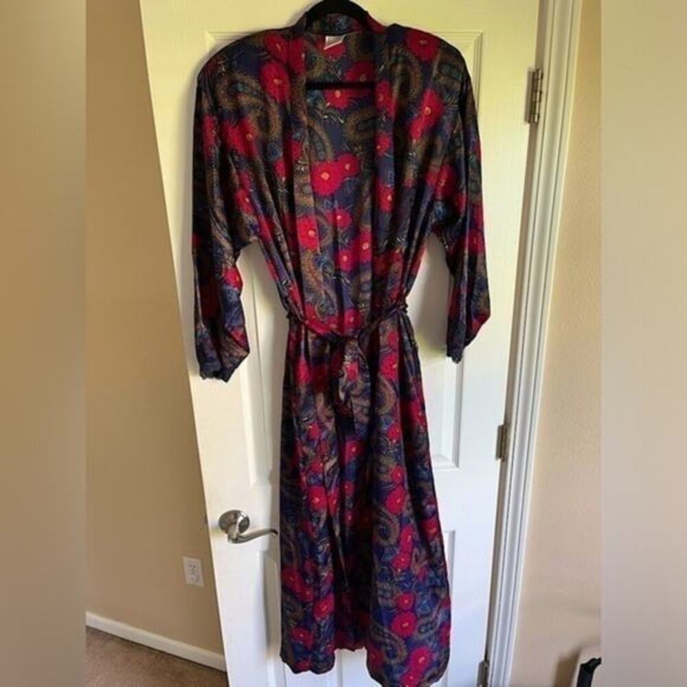 Vintage 80s Bold Colorful Long Floral Paisley Kimono duster Blue Red & Gold 2
